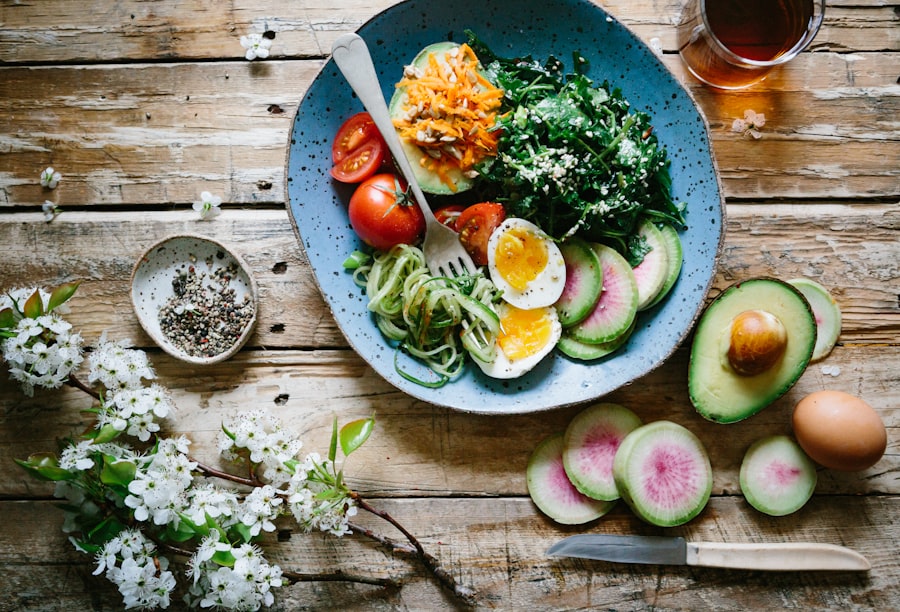 A bright kitchen arrangement with fresh ingredients, healthy foods, and botanical supplements on a wooden countertop